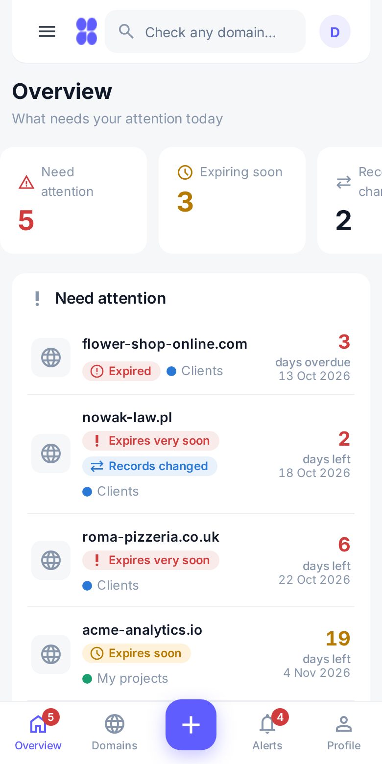 The overview screen on a phone: domains that need attention